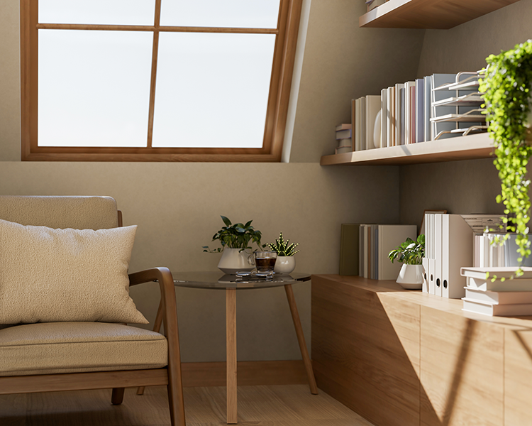 Kleine ruimte ingericht door interieurstylist, waar je op een heerlijke stoel met een boekenplank weer helemaal tot jezelf kunt komen